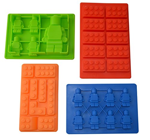 Bekith Silicone Bricks and Minifigure Molds For Building Bricks Lovers – Set of 4 Silicone Molds – For Ice Cube, Chocolate, Candy, Candle, Jello, Crayon, Clay Making – Fantastic Party Favors and Birthday Fun